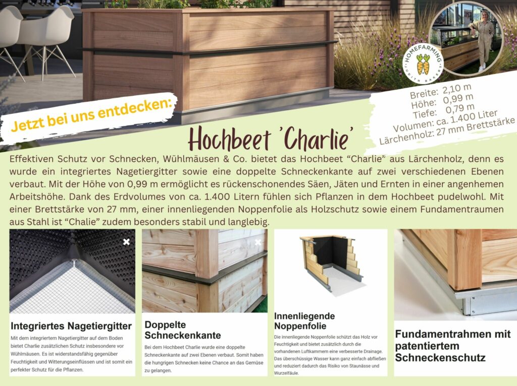 Eine Produktbeschreibung für das Hochbeet 'Charlie'. Es besteht aus Lärchenholz und bietet Features wie integrierten Nagetierschutz, doppelte Schneckenkante, inneliegende Noppenfolie und einen stabilen Fundamentrahmen mit patentiertem Schneckenschutz. Maße: Breite 2,10 m, Höhe 0,99 m, Tiefe 0,79 m, Volumen von ca. 1.400 Litern.